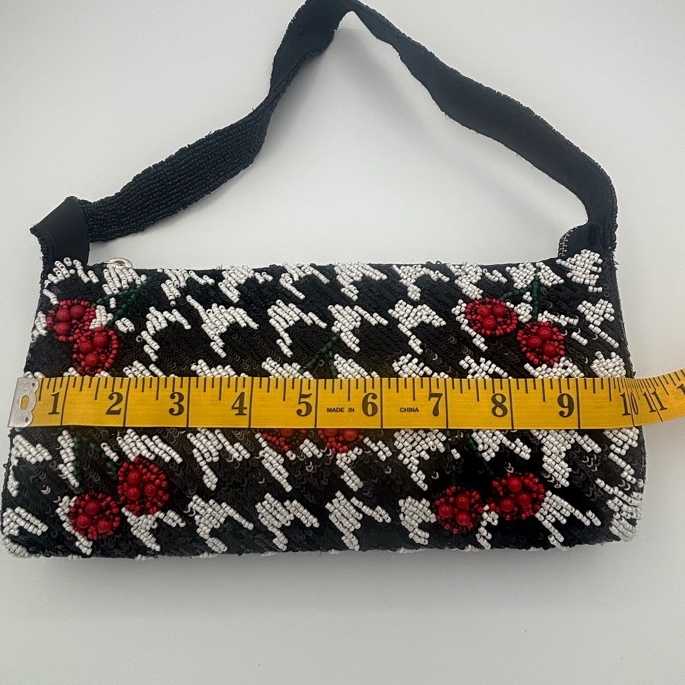 Black Beaded Houndstooth Shoulder Bag - Red Cherry Motif - Made in India - Picture 8 of 10